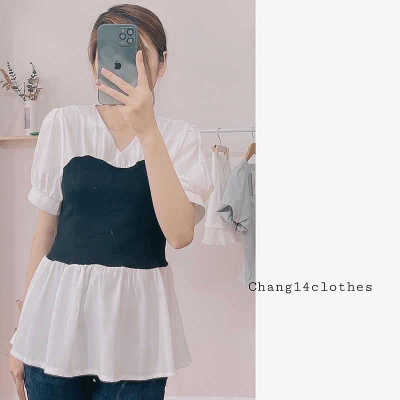 Áo sơ mi cổ v viền bèo ngắn tay