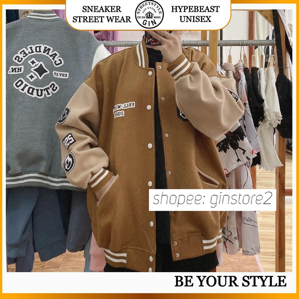 Áo khoác bomber nam nữ kaki oversize form rộng bóng chày Candle unisex - Gin Store