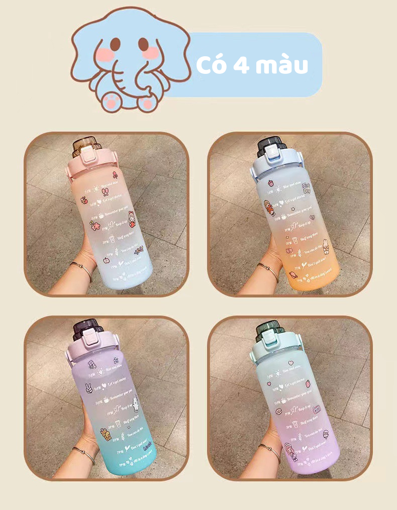 Bình đựng nước 2L dễ thương có vạch báo giờ uống nước - Tặng 10 sticker