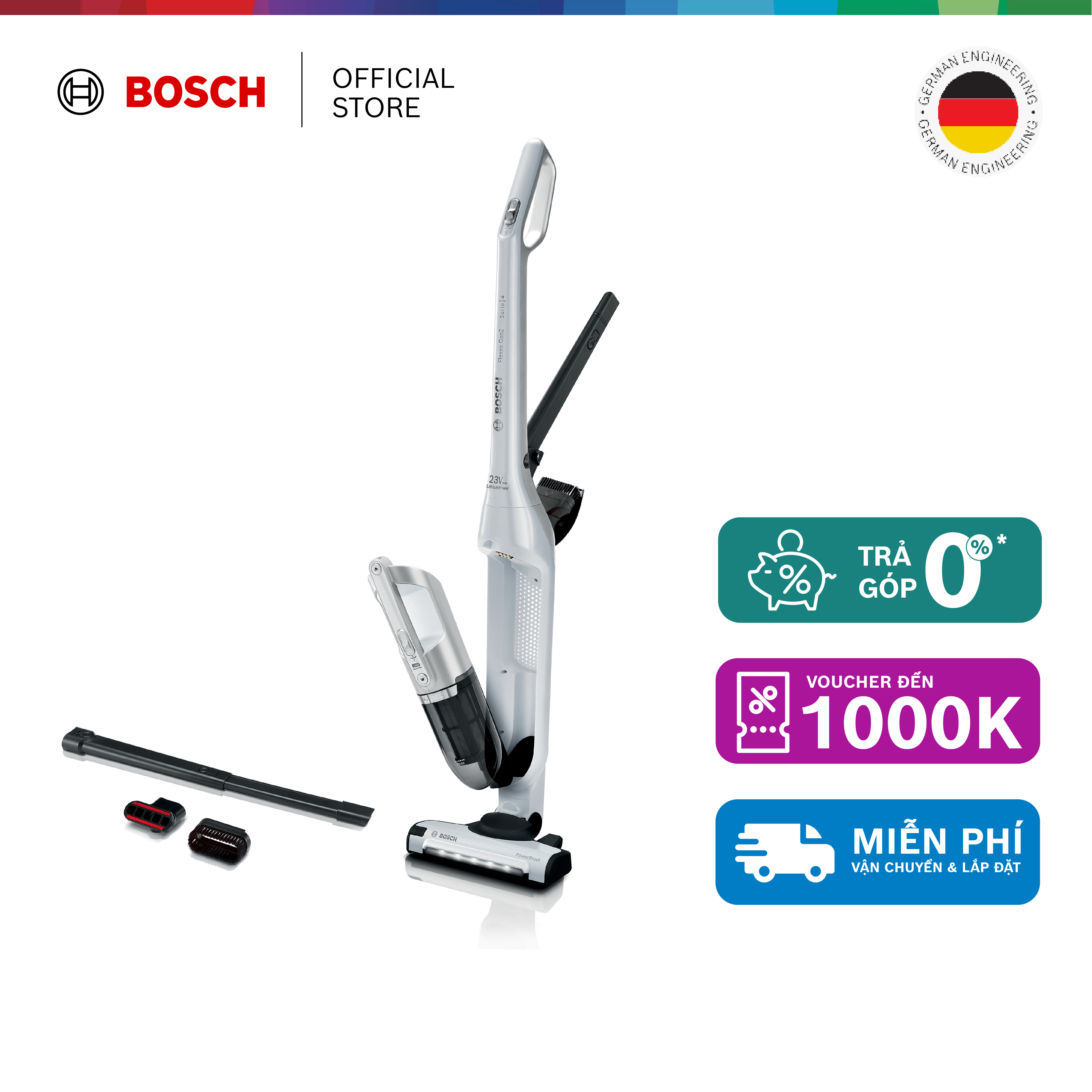 Máy hút bụi không dây Bosch BCH3P2301 - Series 4 (trắng) - Hàng chính hãng