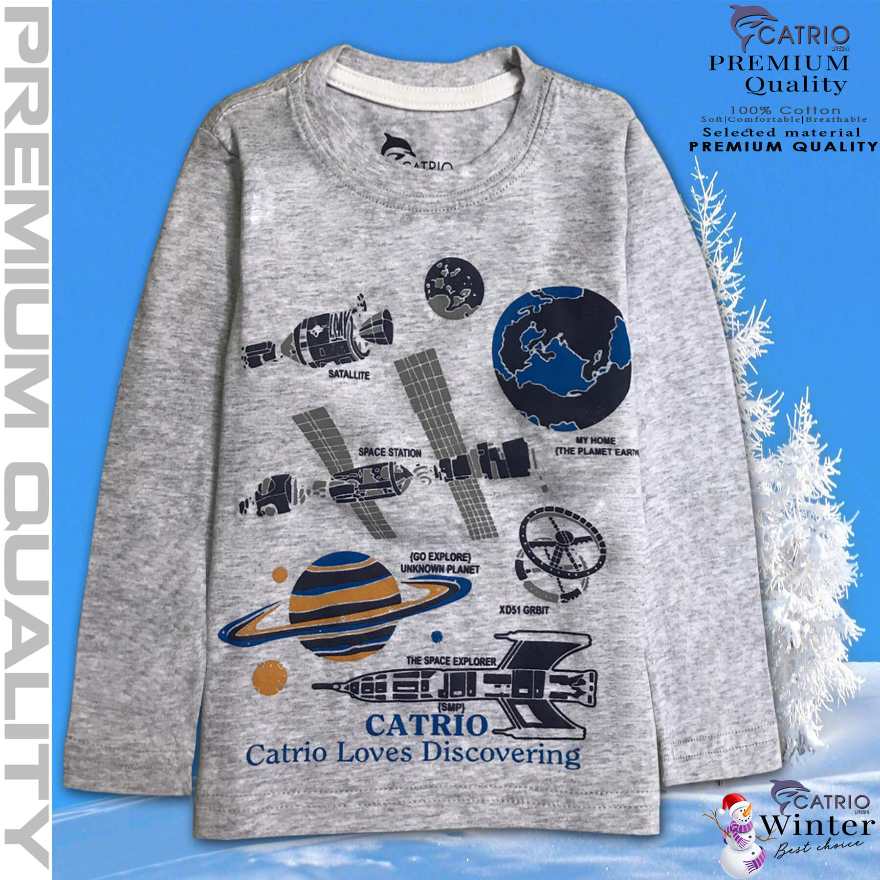 ÁO THUN DÀI TAY BÉ TRAI CATRIO in SPACE TRÁI ĐẤT màu XÁM là áo phông tay dài trẻ em từ 8kg 10kg 12 kg .. 30kg  cổ tròn vải dệt kim co giãn 4 chiều + quần dài cotton thành bộ đồ thu đông cho bé rất đẹp