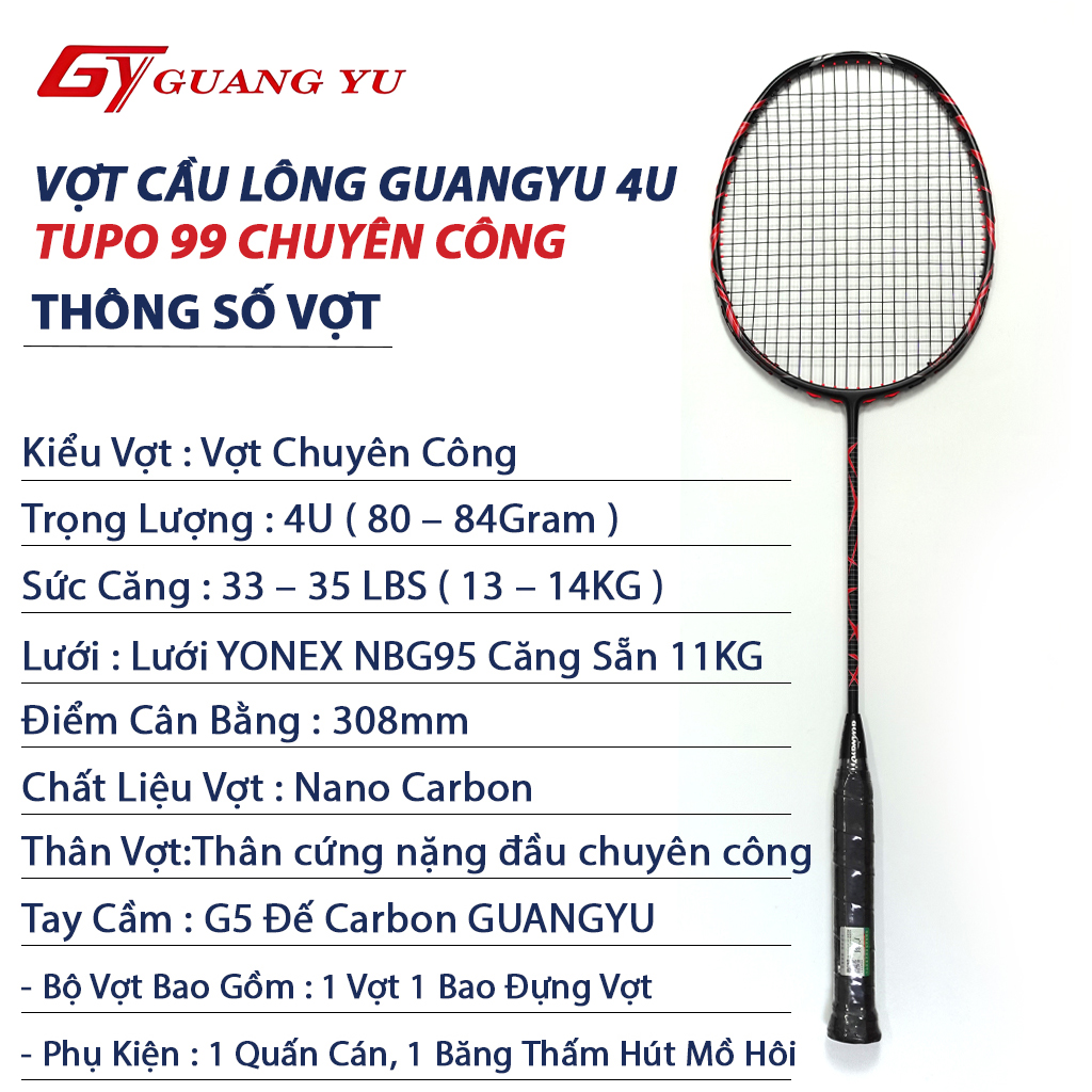 Vợt Cầu Lông GUANGYU 4U TUPO 99 Full Carbon Cao Cấp, Thân Cứng, Vợt Chuyên Công Lưới Căng Sẵn 11KG - KN01