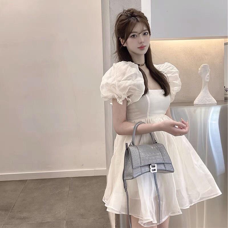 Đầm Babydoll Nữ Cổ Vuông Voan Kính Dáng Xòe Cộc Tay