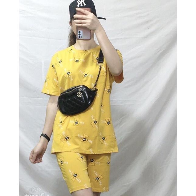 Bộ mặc nhà nữ chất cotton hình gấu kute áo cộc quần đùi ngố