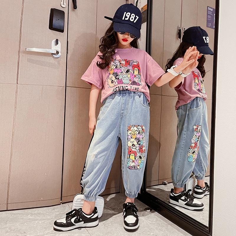 BV53 Size140-170 Đồ bộ bé gái, áo thun + quần jean Thời trang trẻ Em hàng quảng châui