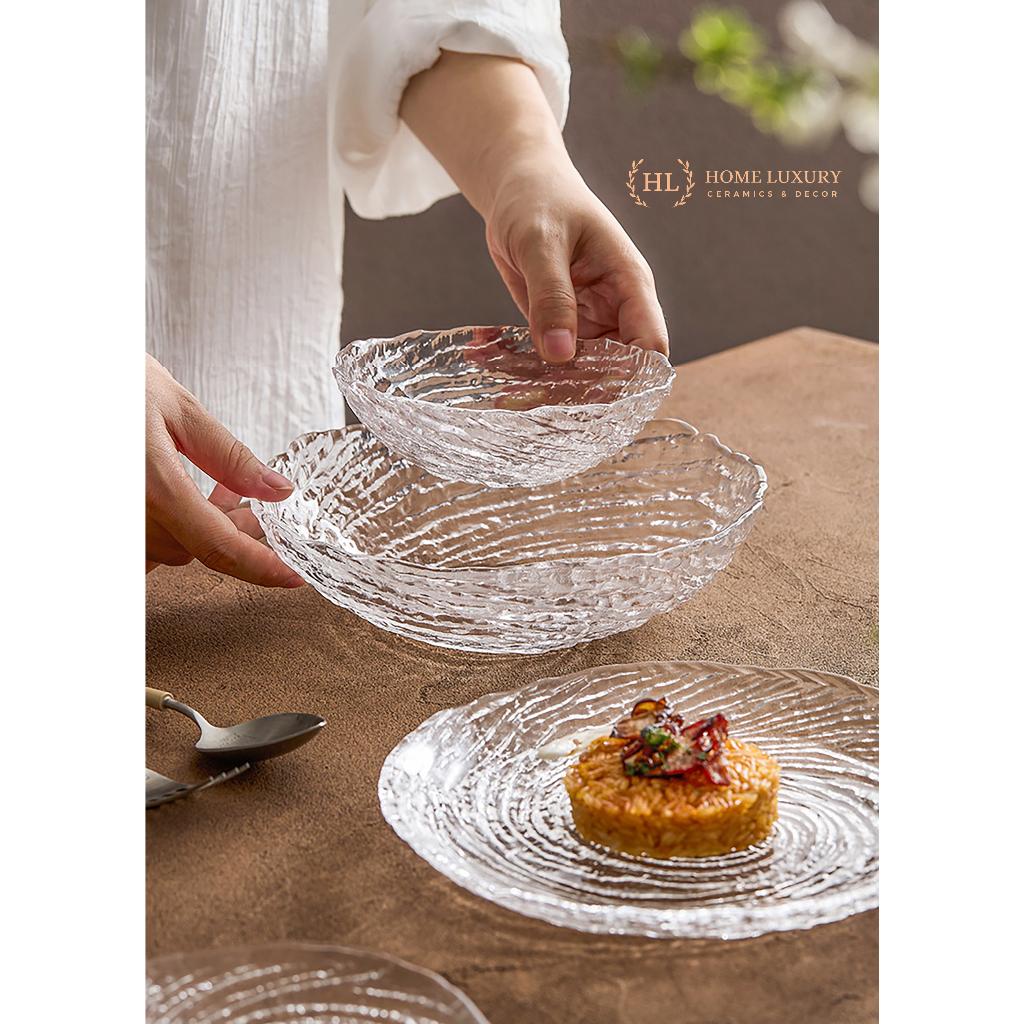 Bát đĩa vân nham thạch | Tô dĩa thủy tinh Borosilicate vân xoáy Decor chịu nhiệt họa tiết đá dùng trong lò vi sóng