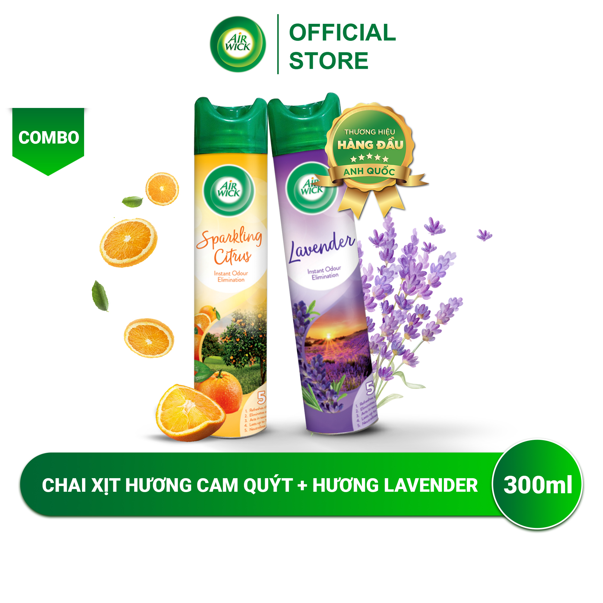 Combo 2 chai xịt thơm phòng, Air Wick, hương Cam Quýt và Lavender, 300ml/chai