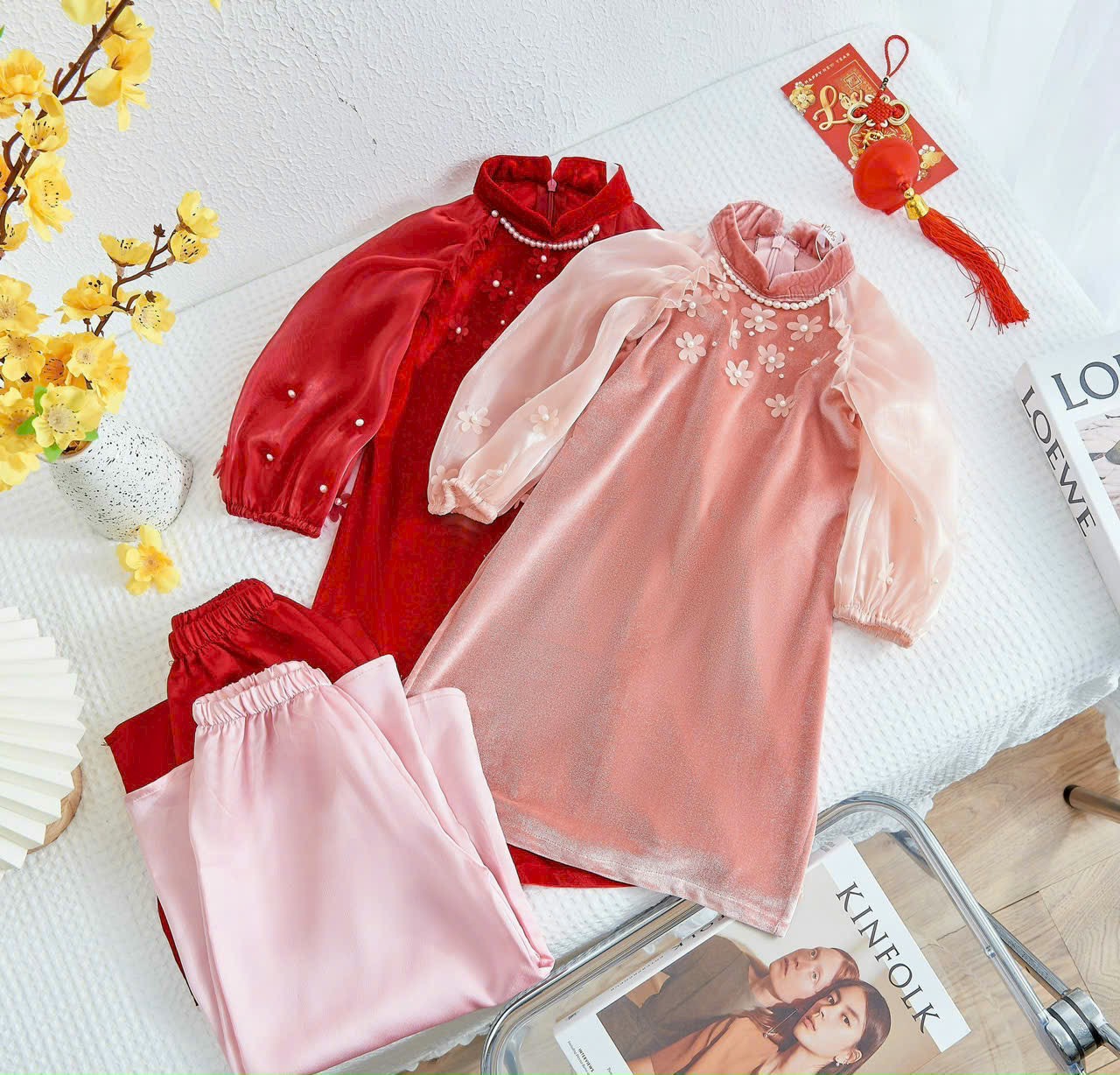 Áo dài cách tân bé gái, Set áo dài tết cho bé 1-10 tuổi đính hoa tay voan hàng thiết kế điệu đà thời trang