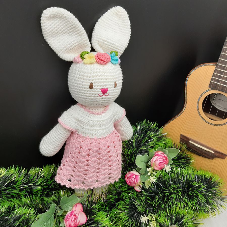 Gấu bông móc len Amigurumi cao cấp - Thỏ Lala trắng váy sò hồng quà tặng đồ chơi nhồi bông đáng yêu cho bé - SP000202
