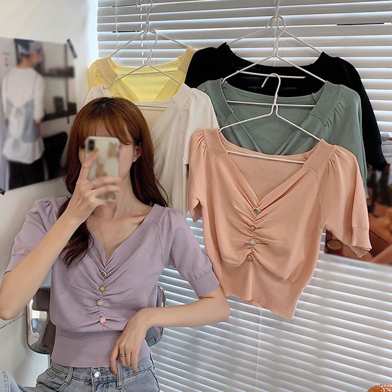 Áo Thun Dệt Kim Tay Phồng Cổ Chữ V Màu Trơn Thời Trang Cho Nữ