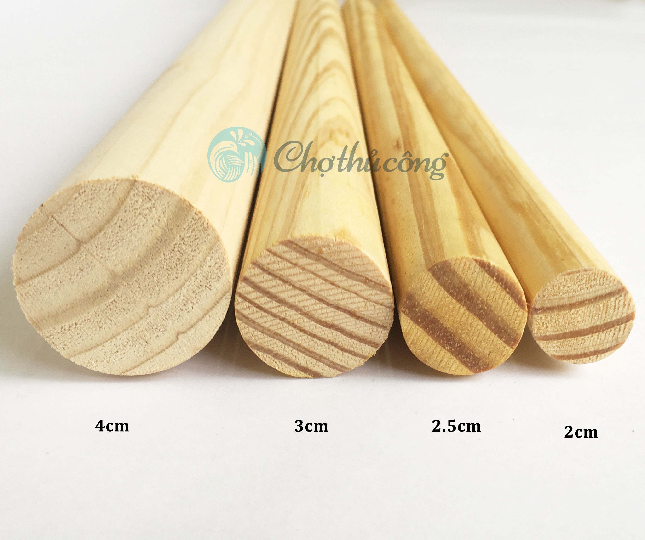 Thanh gỗ tròn gỗ thông đường kính 4cm x D50cm-1m-1m4 làm chân ghế / kệ, treo mành, phụ kiện macrame, handmade, decor