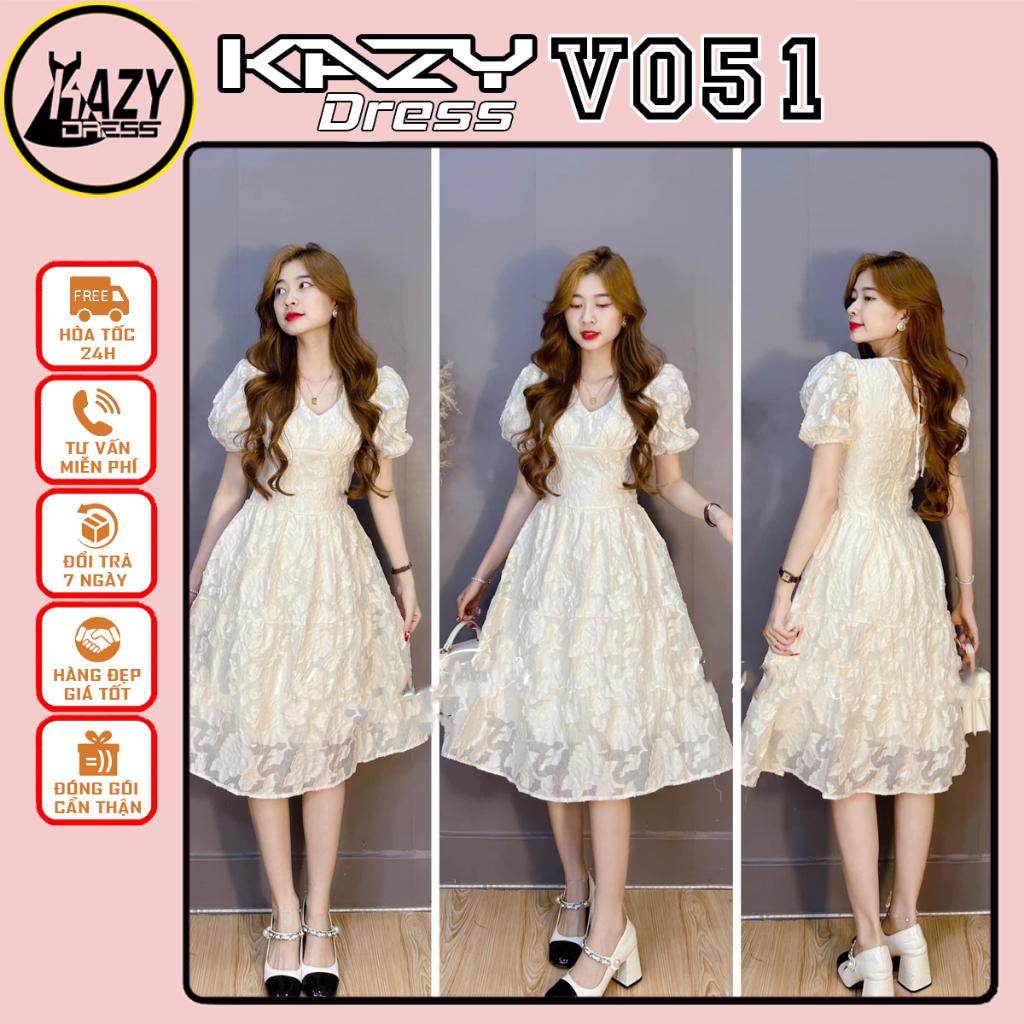 Váy hoa gấm tay bồng dáng xòe phong cách tiểu thư KAZY DRESS V051