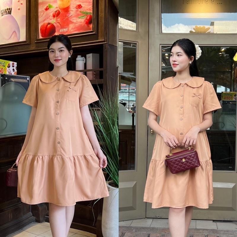 Đầm bầu công sở form đuôi cá phối nút cổ sen chất cotton lạnh đồ bầu đẹp dễ thương - Xanh rêu