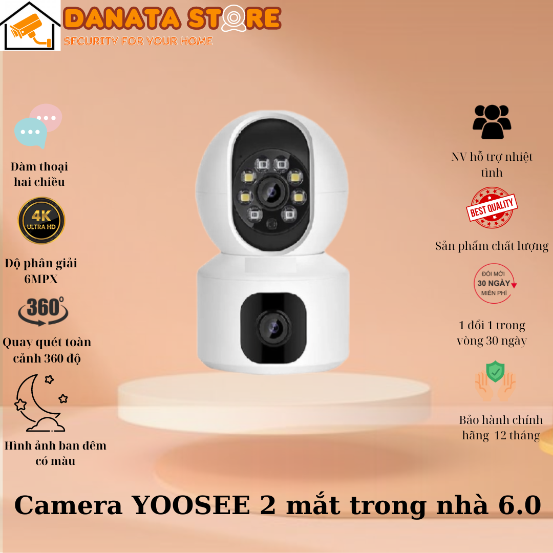 (Lỗi 1 đổi 1) Camera trong nhà Wifi YOOSEE KÉP 6.0MP Không Dây Xem 2 Màn Hình Cùng Lúc Xoay 360 Độ, , Hỗ Trợ Đàm Thoại 2 Chiều - Hàng nhập khẩu