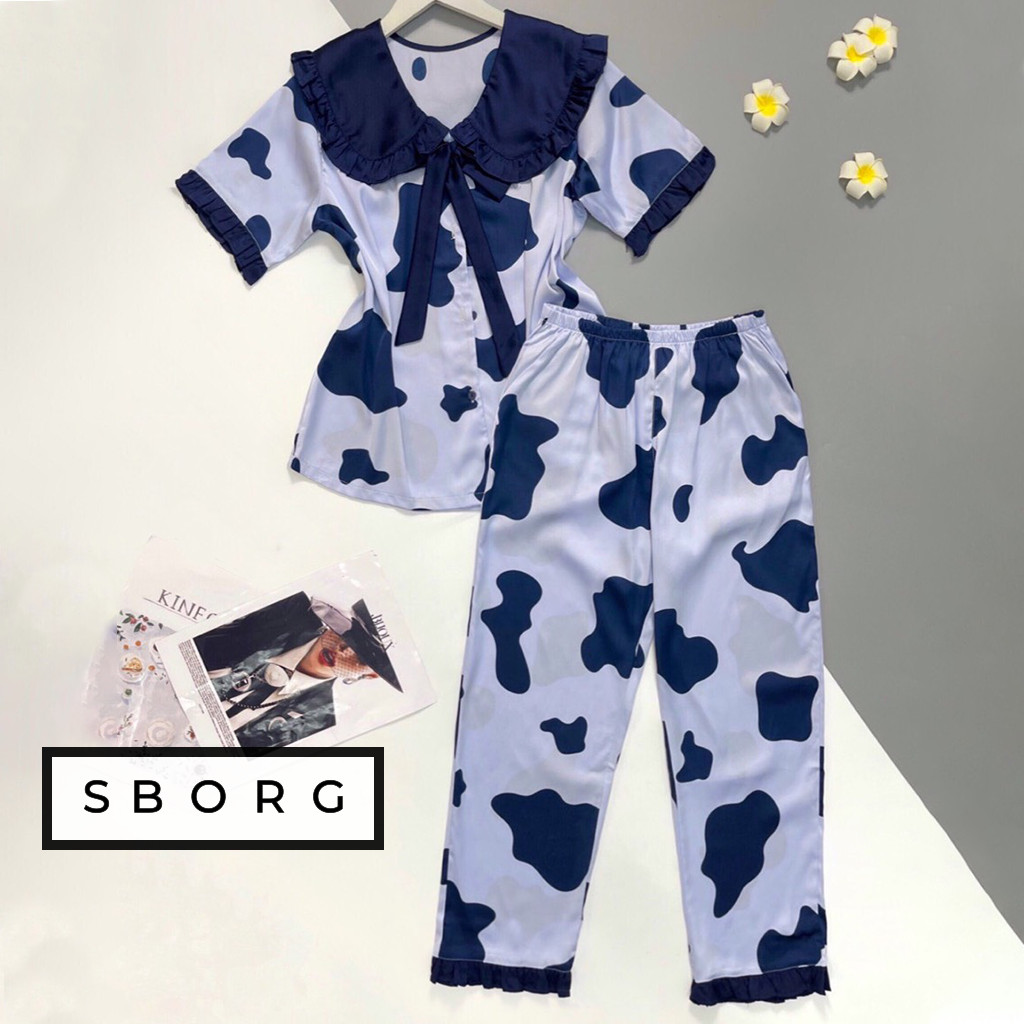 Đồ bộ mặc nhà SBORG bộ ngủ nữ pijama lụa latin cao cấp mềm mịn họa tiết bò sữa trendy áo cổ bèo cute quần dài có túi sâu đáng yêu freesize dưới 56kg quà tặng Vợ, thoải mái mặc ở nhà hoặc đi ra ngoài