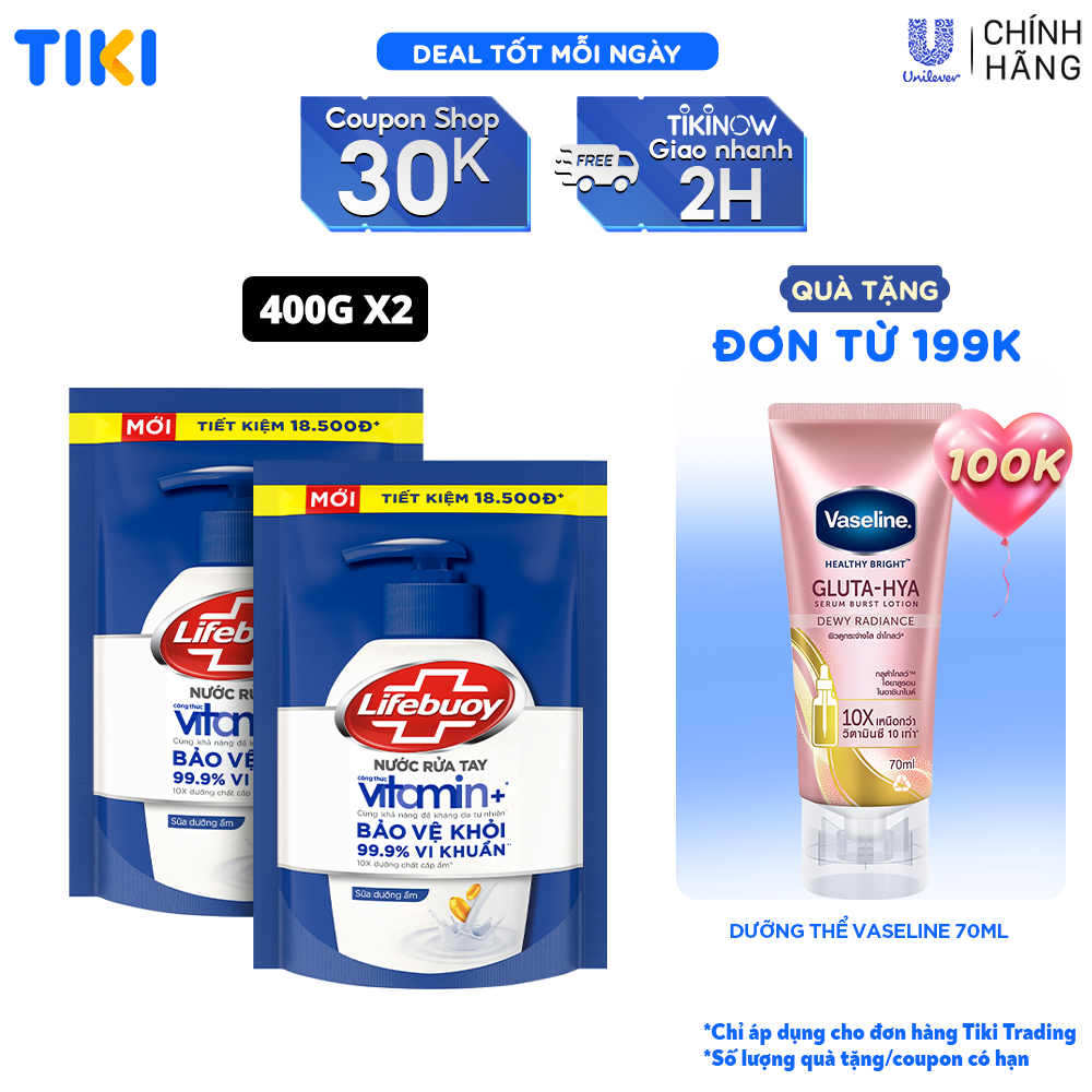 Combo 2 Nước Rửa Tay Lifebuoy Sữa Dưỡng Ẩm Túi 400G