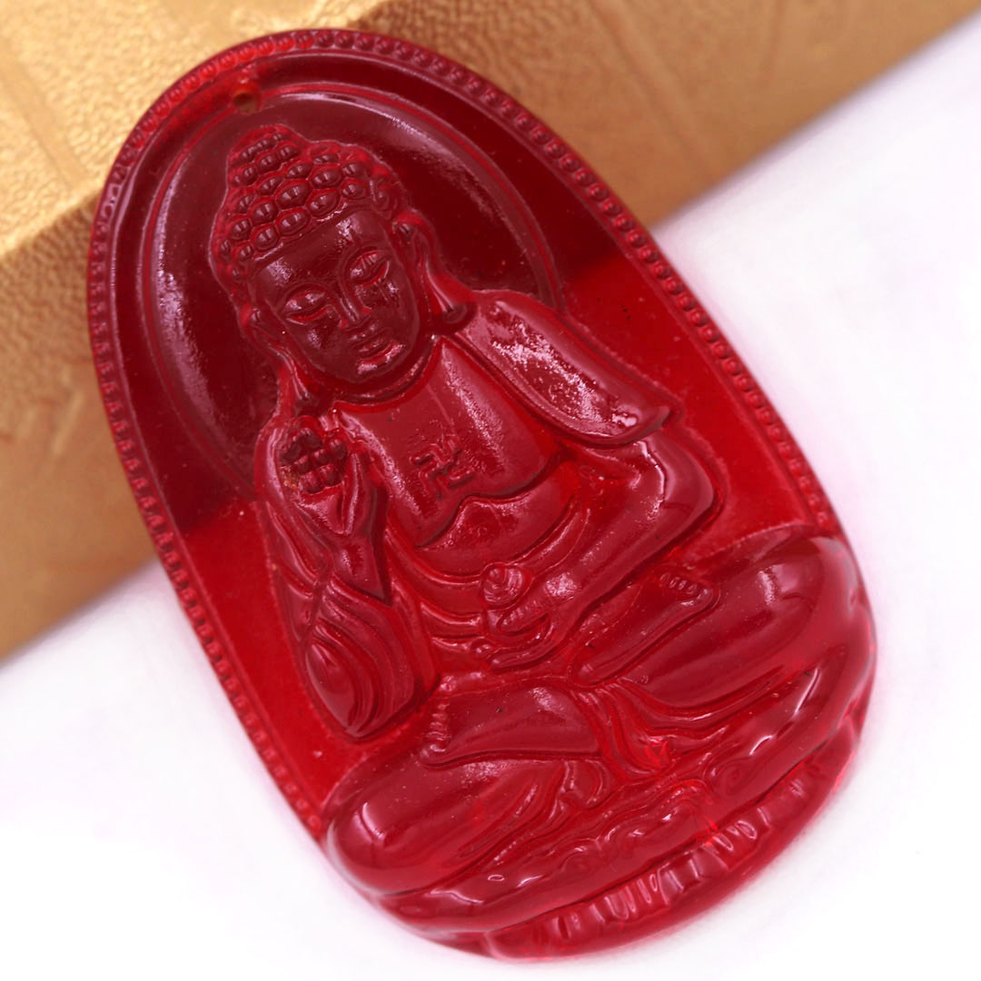 Mặt Phật A di đà pha lê đỏ 1.9cm x 3cm  kèm vòng cổ dây cao su đen + móc inox vàng, Phật bản mệnh, mặt dây chuyền