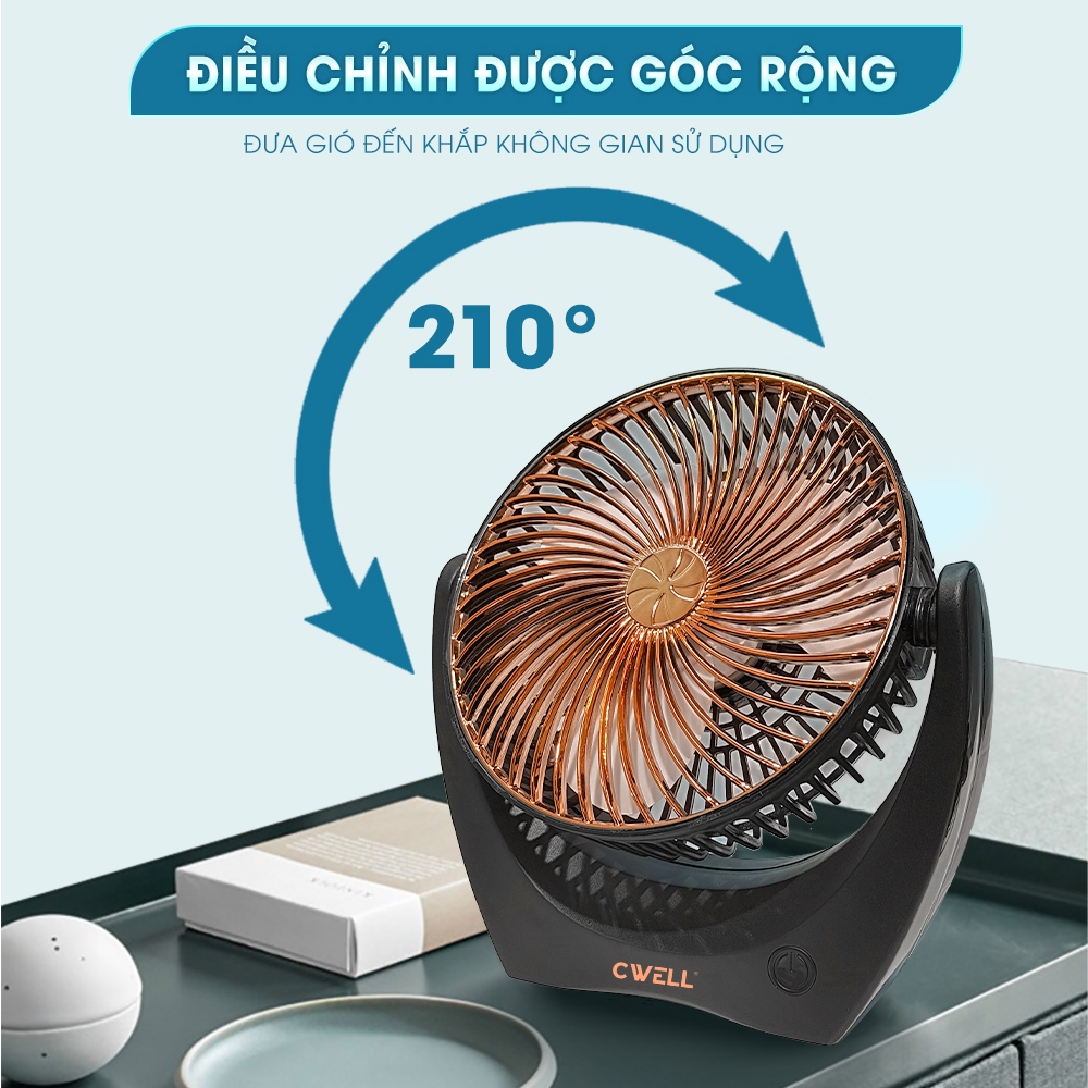 Quạt Tích Điện Mini Pin 10H, 2-3 Tốc Độ Gió Mát, Xoay Linh Hoạt 210 Độ Không Tiếng Ồn