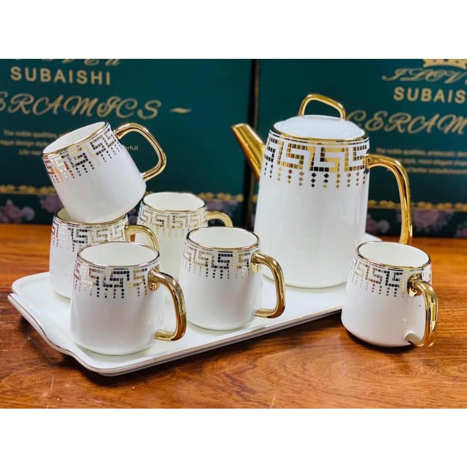 BỘ ẤM CHÉN KÈM KHAY SỨ CAO CẤP PHA TRÀ CÀ PHÊ TRẮNG HỌA TIẾT MẮT XÍCH