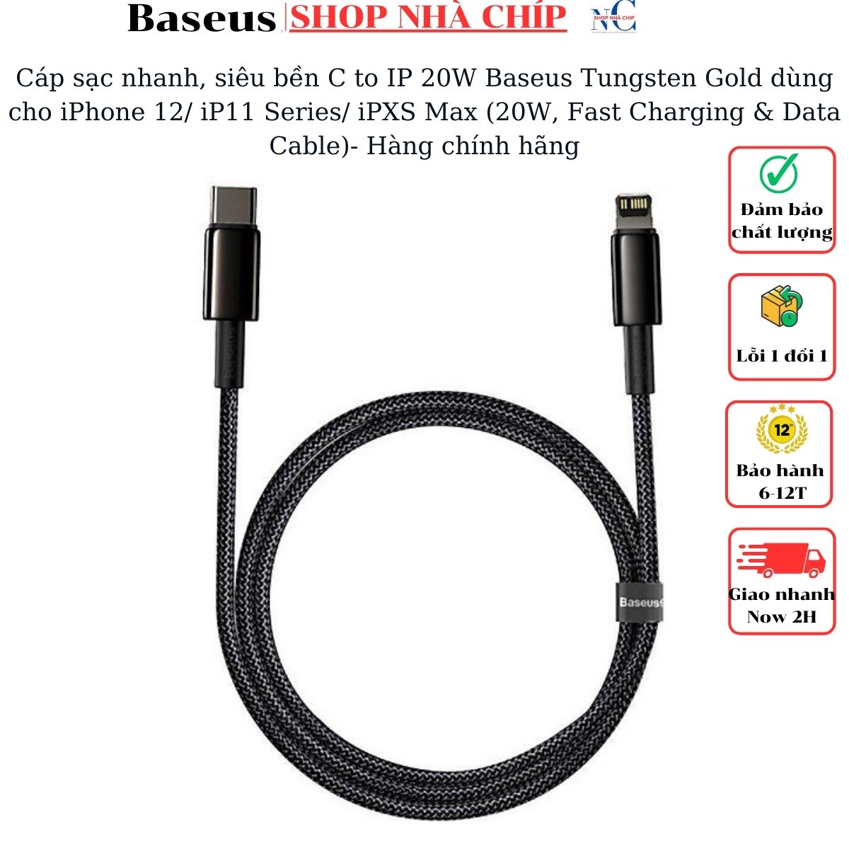 Cáp sạc nhanh, siêu bền C to IP 20W Baseus Tungsten Gold dùng cho iPhone 12/ iP11 Series/ iPXS Max (20W, Fast Charging &amp; Data Cable)- Hàng chính hãng