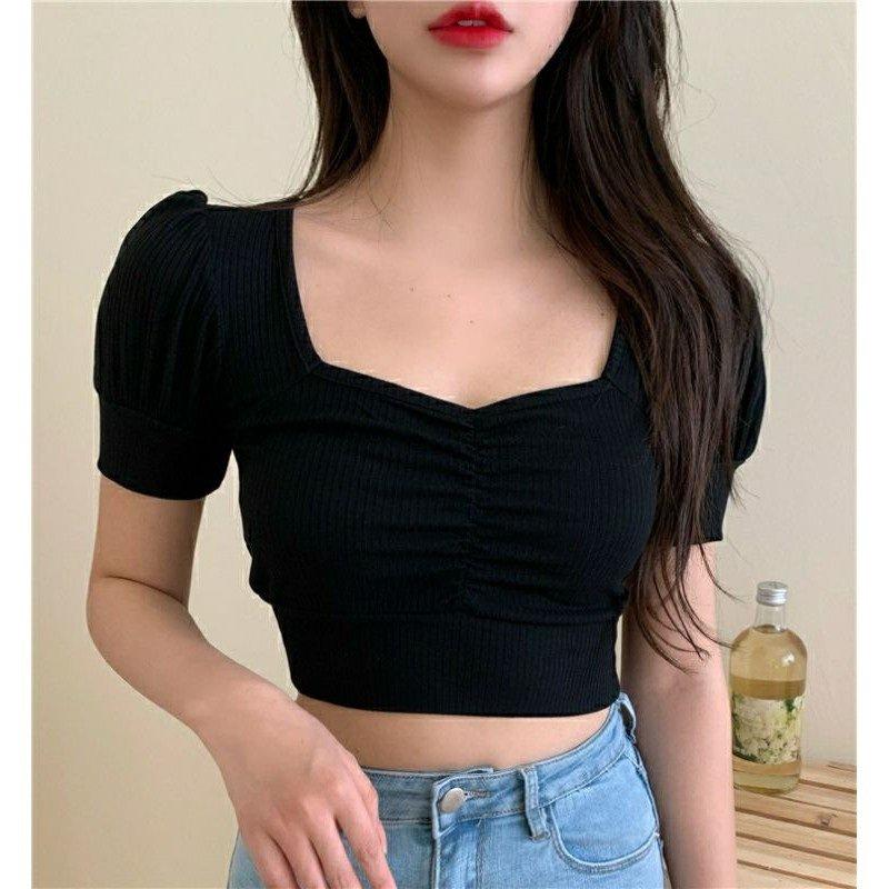 Áo croptop tay phồng, croptop cổ vuông nhún ngực quyến rũ sexy, áo thun nữ đẹp phong cách hàn quốc kiểu ulzzang, ACN001