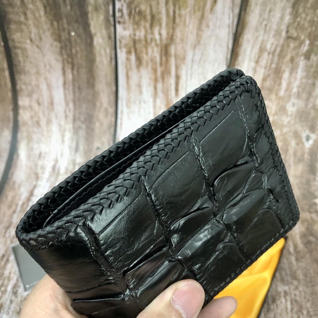 Bóp Nam Da Cá Sấu Thật Đan Viền Thủ Công Kiểu Dáng Ngang