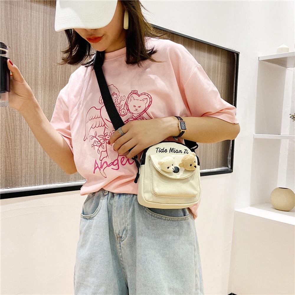 Túi Vải Canvas Đeo Chéo Nữ Nhỏ Gọn Cá Tính Kèm Phụ Kiện Dễ Thương Thời Trang Phong Cách Hàn Quốc