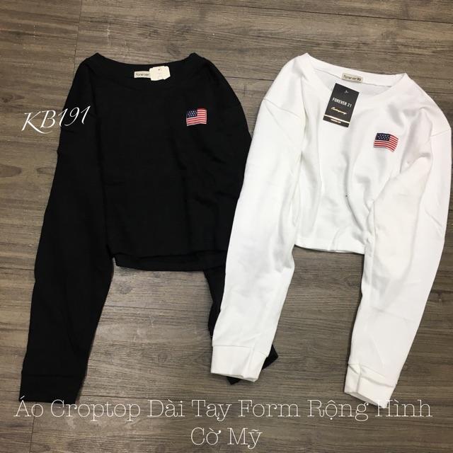 Áo Croptop Tay Dài Form Rộng Hình Cờ Mỹ