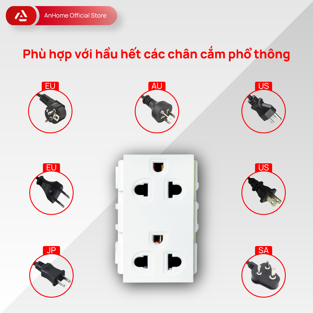 Hạt ổ cắm đơn/đôi 2 chấu, 3 chấu có lẫy trượt che an toàn điện AnHome U2/U3