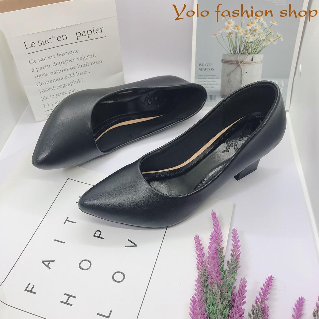 Giày cao gót nữ da lì đế vuông 7cm dáng basic hàng VNXK da mềm êm chân -HC02