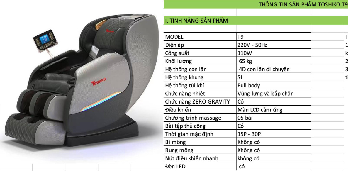 Ghế massage toàn thân Cao Cấp con lăn 4D di chuyển Toshiko T9, dòng ghế điều khiển bằng giọng nói, bảng điều khiển tiếng Việt, đa dạng các bài massage từng vùng, con lăn 4D di chuyển theo chiều dài cơ thể