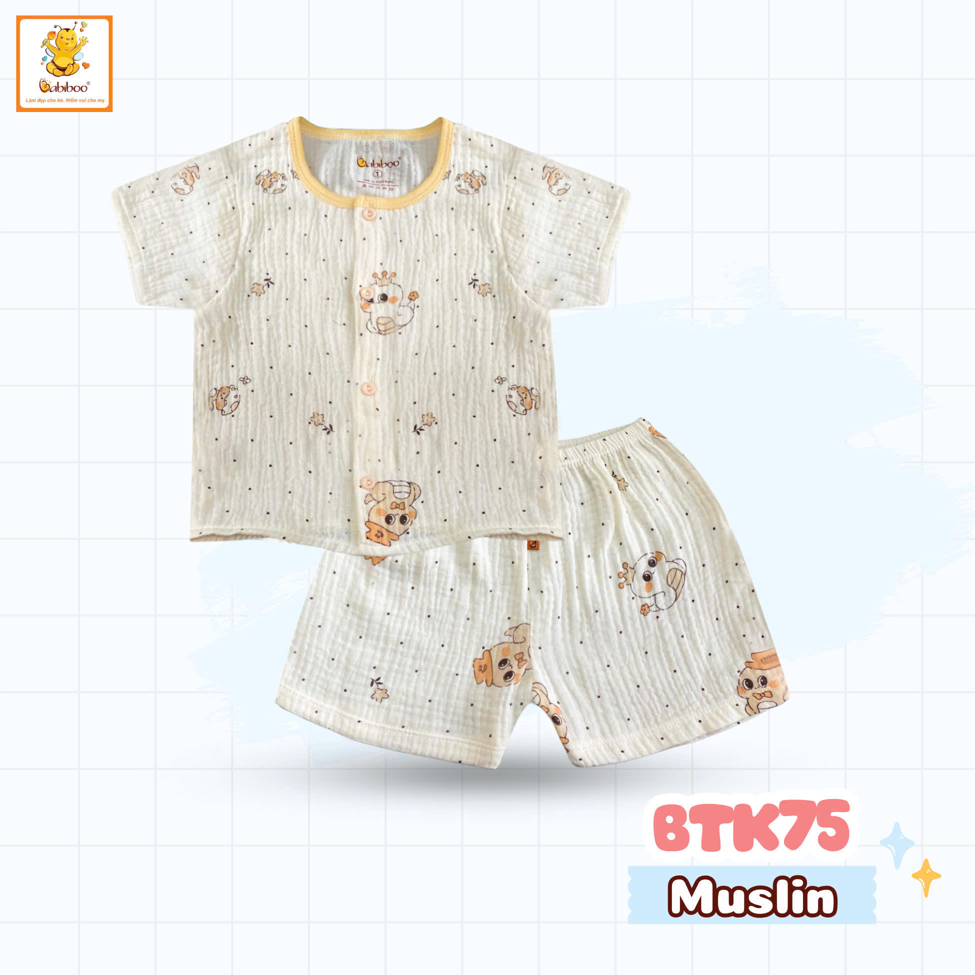 Đô bộ bé trai Babiboo bộ quần áo cho bé tay ngắn chất muslin thông thoáng, mềm mại BTK75