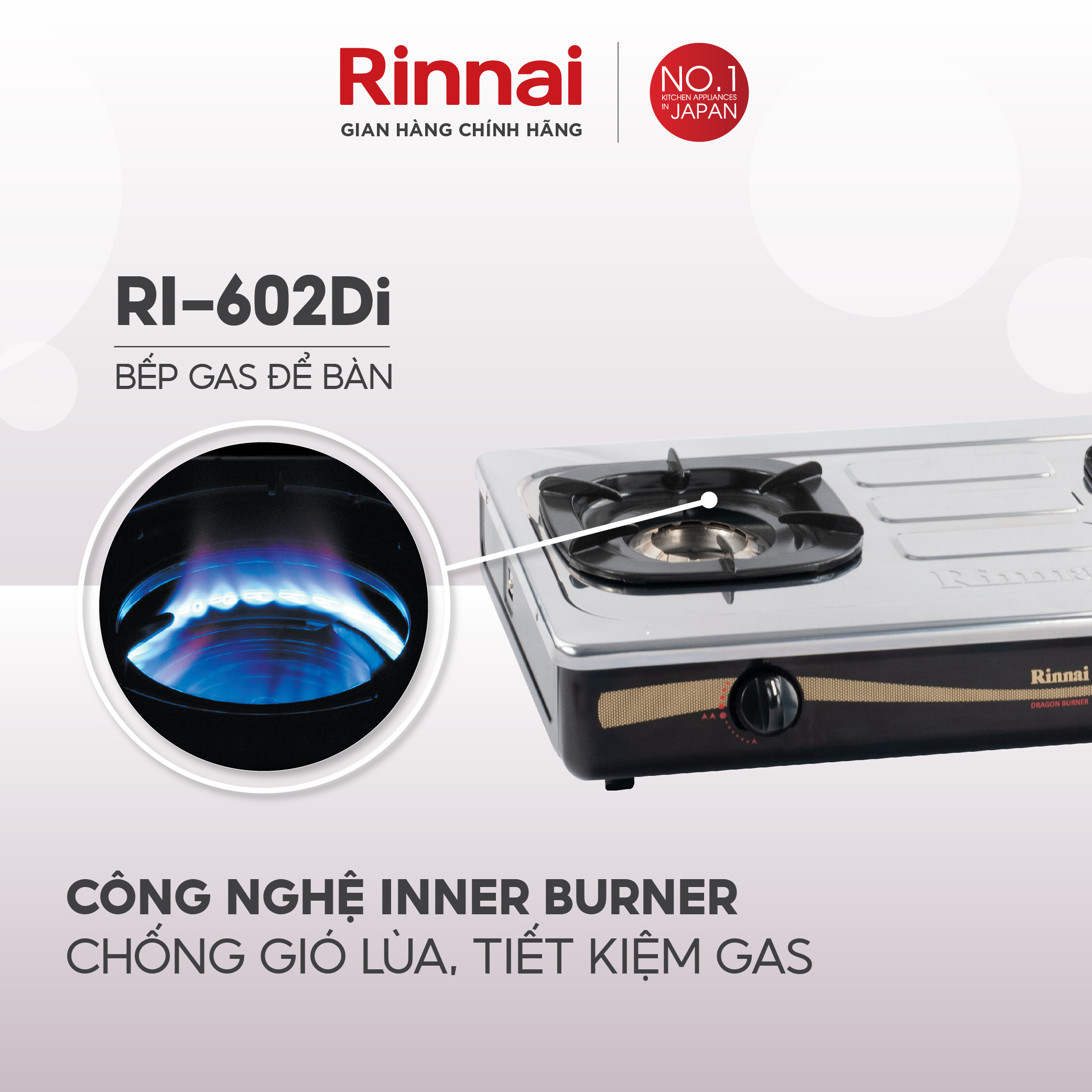 Bếp gas dương Rinnai RI-602Di mặt bếp inox và kiềng bếp men - Hàng chính hãng.