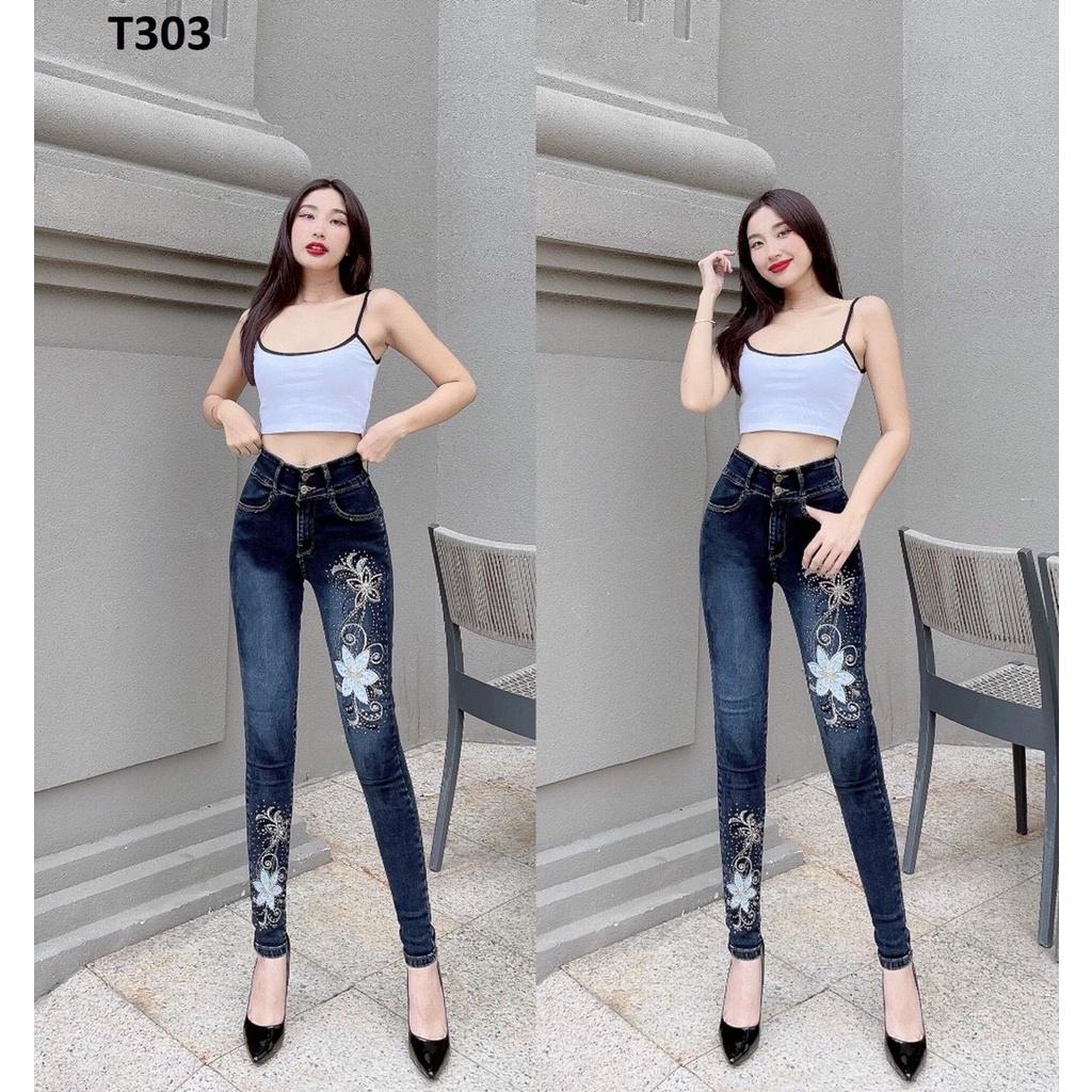 Quần Jeans Nữ lưng Cao Thêu Hoa Co Giãn Cao Cấp