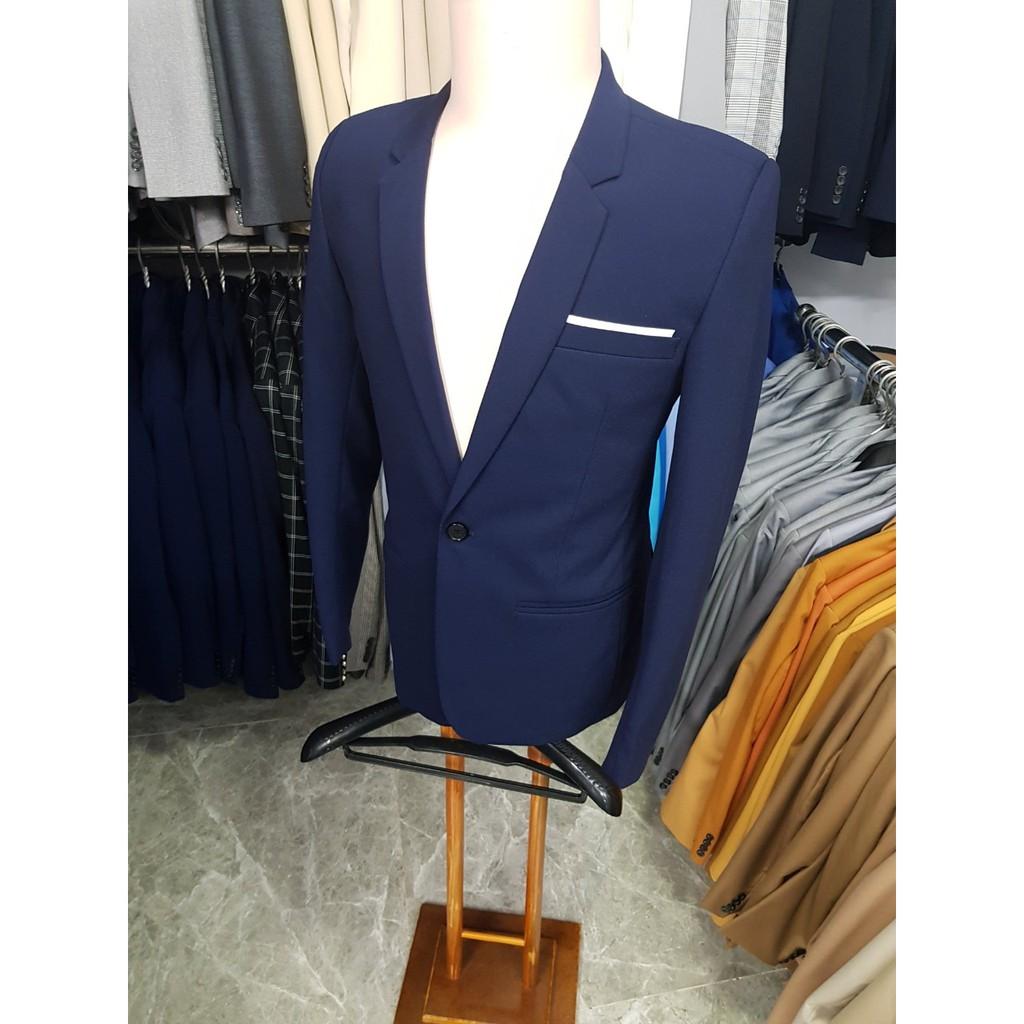 Bộ vest nam màu xanh đen sáng form ôm body chất vải dày mịn co giãn