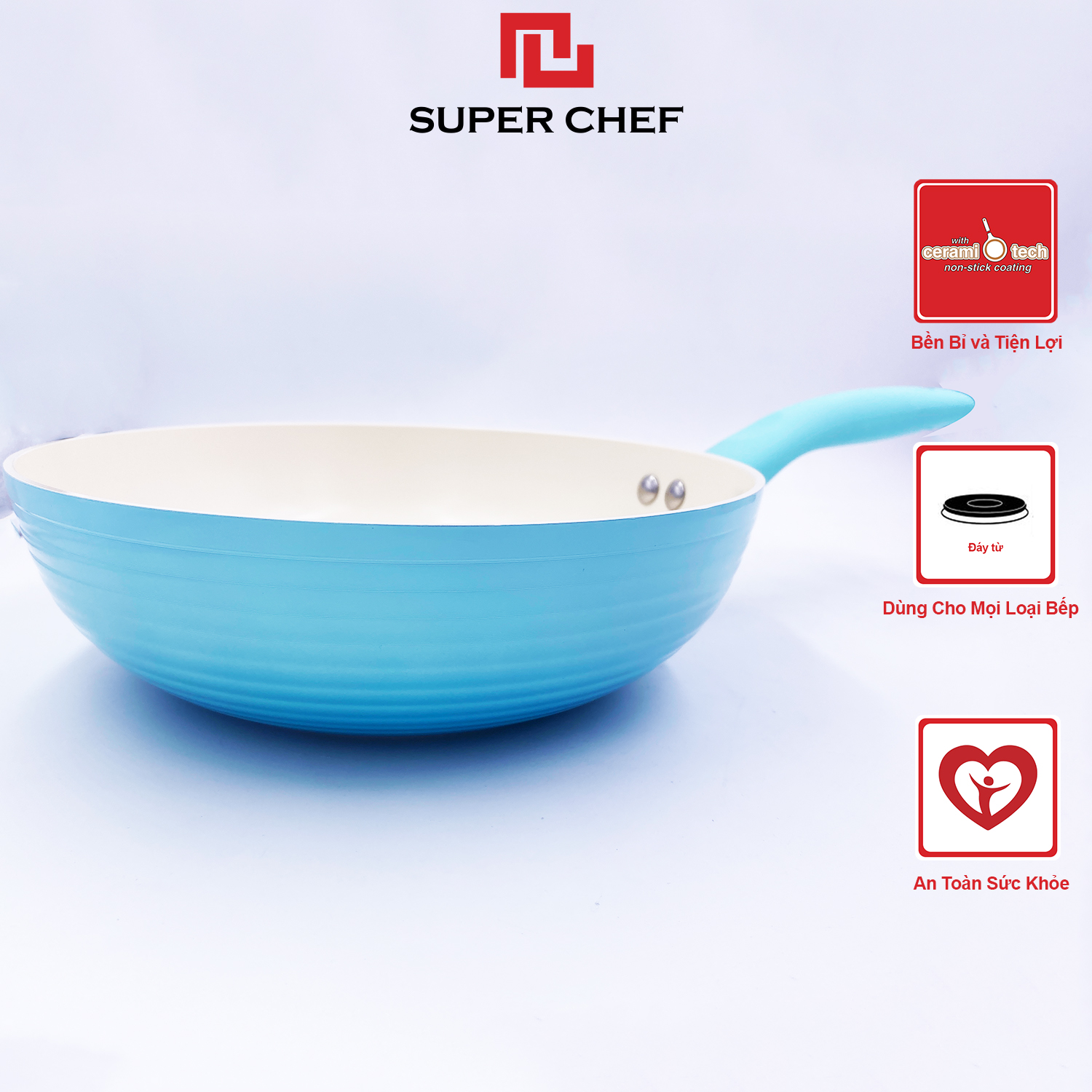 Chảo Xào Chống Dính Ceramic Đáy Từ Chef Blue Thiết Kế Vân Sóng Mới, Sang Trọng Đảm Bảo An Toàn Sức Khỏe, Siêu Bền Bỉ, Không Bong Tróc Size 24cm