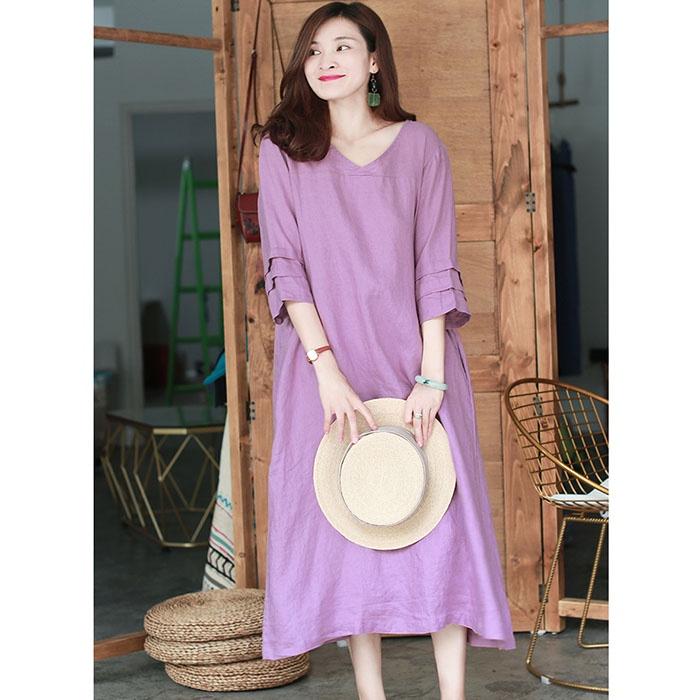 Đầm suông linen cổ tim chồng tay lỡ - Tím nhạt