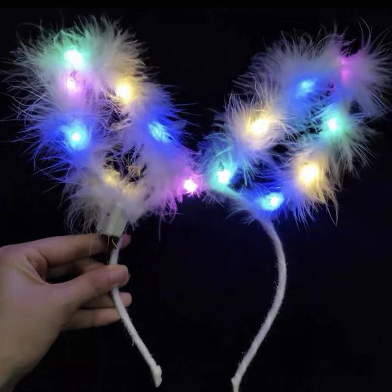 Bờm tóc phát sáng, Cài tóc tai thỏ tai mèo lông vũ có đèn, phụ kiện đi chơi nổi bật