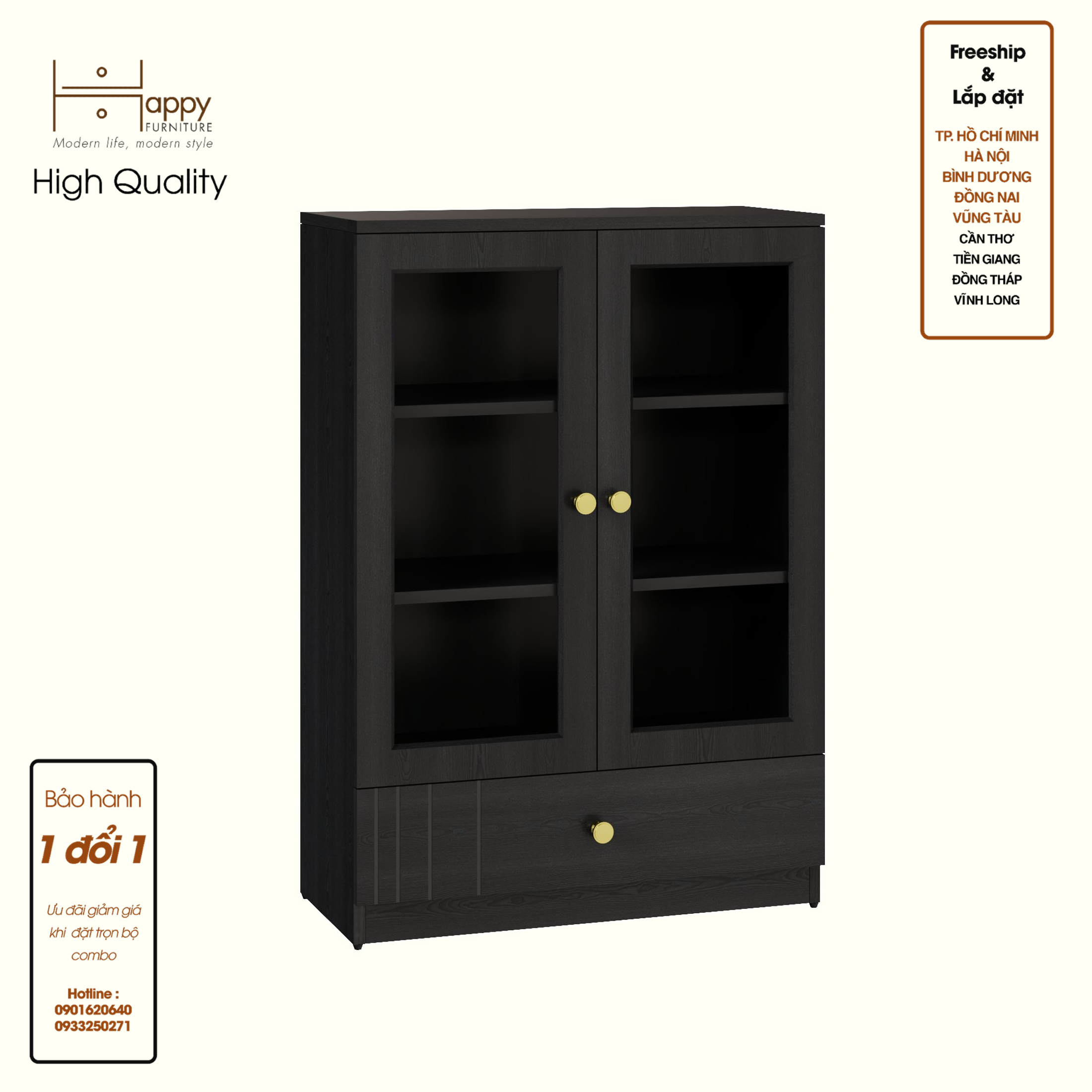 [Happy Home Furniture] JOVIE, Tủ lưu trữ cửa kính 1 ngăn kéo, 70cm x 32cm x 100cm ( DxRxC), TCM_162