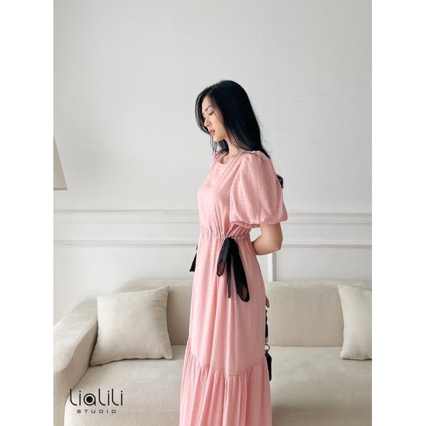 Đầm dài tay bí rút eo -Thiết kế từ - chất xô sọc mát, mềm