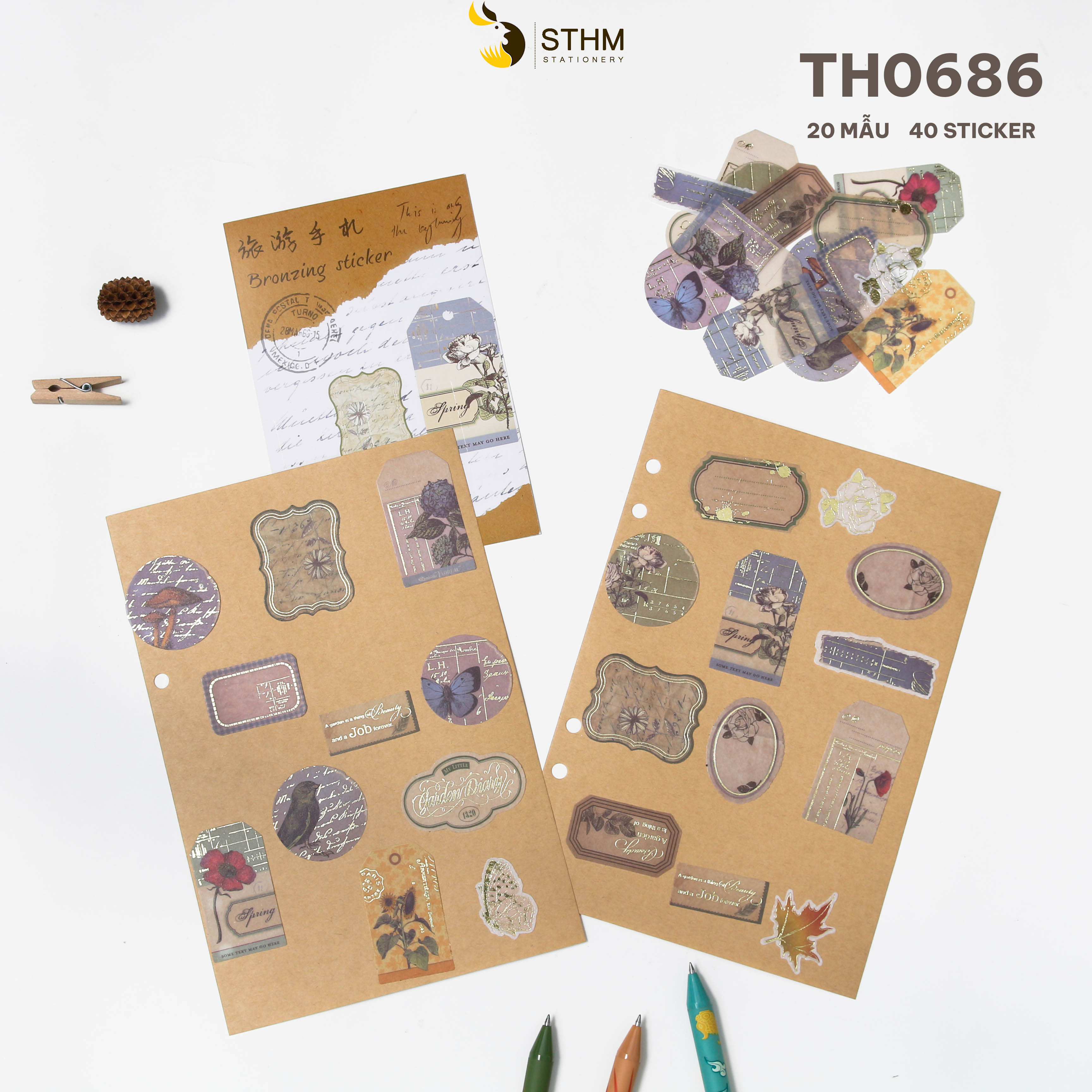 Sticker xấp 40 tờ - 20 mẫu có ánh kim - Phụ kiện trang trí sổ tay vintage - STHM stationery