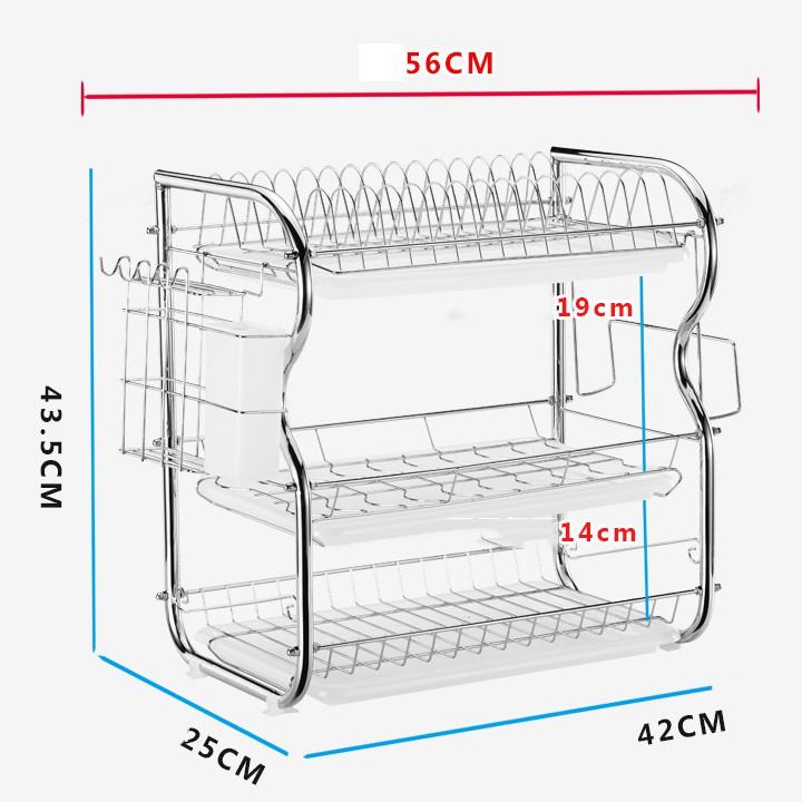 Kệ úp bát đĩa 3 tầng, chất liệu inox( được tặng kèm ống đũa, giá để dao thớt)