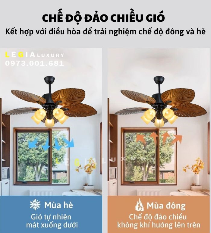Quạt trần INDOCHINE|phong cách Phương Đông|quạt trần Lê Gia LGFAN692 -phù hợp nhà hàng khách sạn | Quạt trần lá cọ trang trí {Hàng Chính Hãng