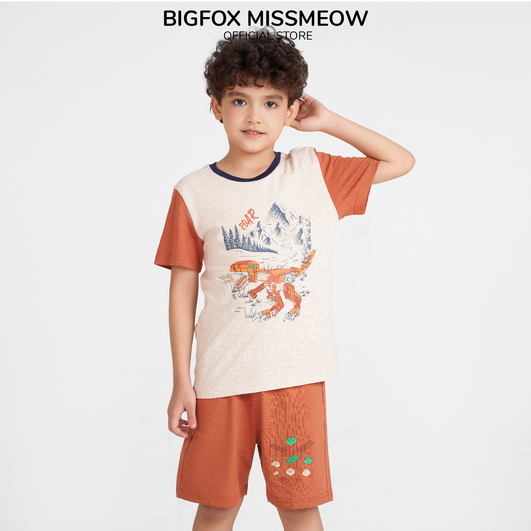 Bộ bé trai mùa hè Bigfox Miss Meow, chất cotton xuất Hàn, kiểu cộc tay in khủng long size đại 3,6,9,10,11 tuổi 30kg 40kg 1909