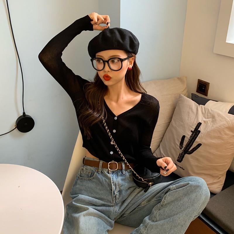 Áo Khoác Cardigan Dệt Kim Mỏng Tay Dài Cổ Chữ V Thiết Kế Đơn Giản Cho Nữ