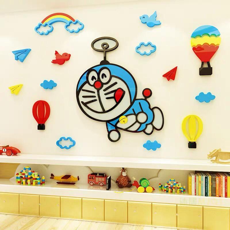 Tranh dán tường mica 3D hình doremon biết bay, decal doremon trang trí phòng bé