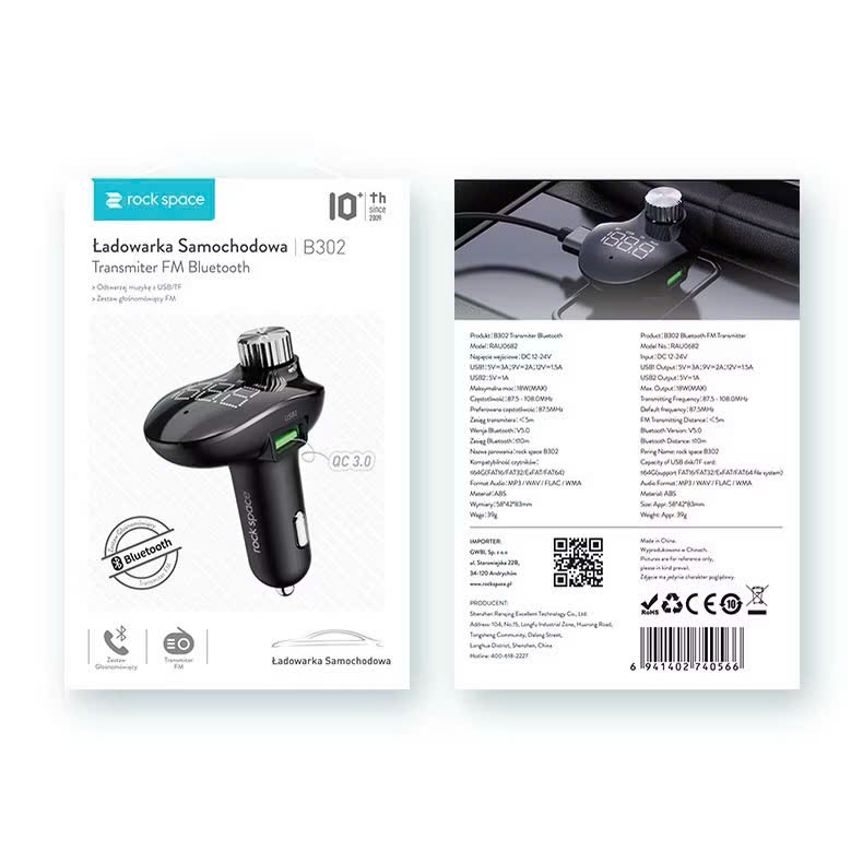 Tẩu sạc trên xe hơi kiêm đầu thu, phát FM Rockspace B302 kết nối bluetooth hàng chính hãng BH 1 năm