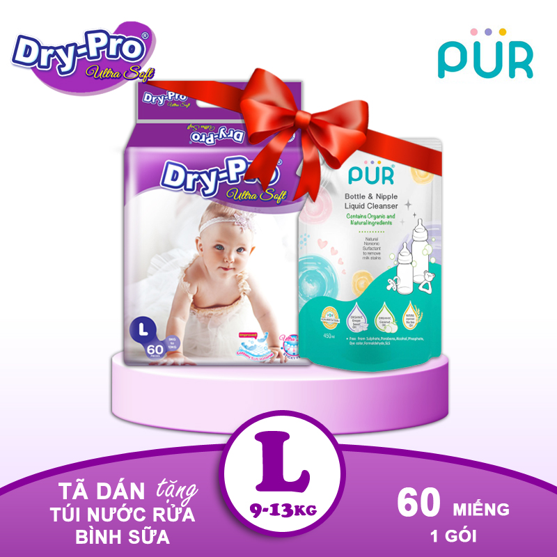 Combo tã/bỉm dán Dry-Pro L60 (9kg-13kg) + tặng Túi nước rửa bình sữa Pur 450ml