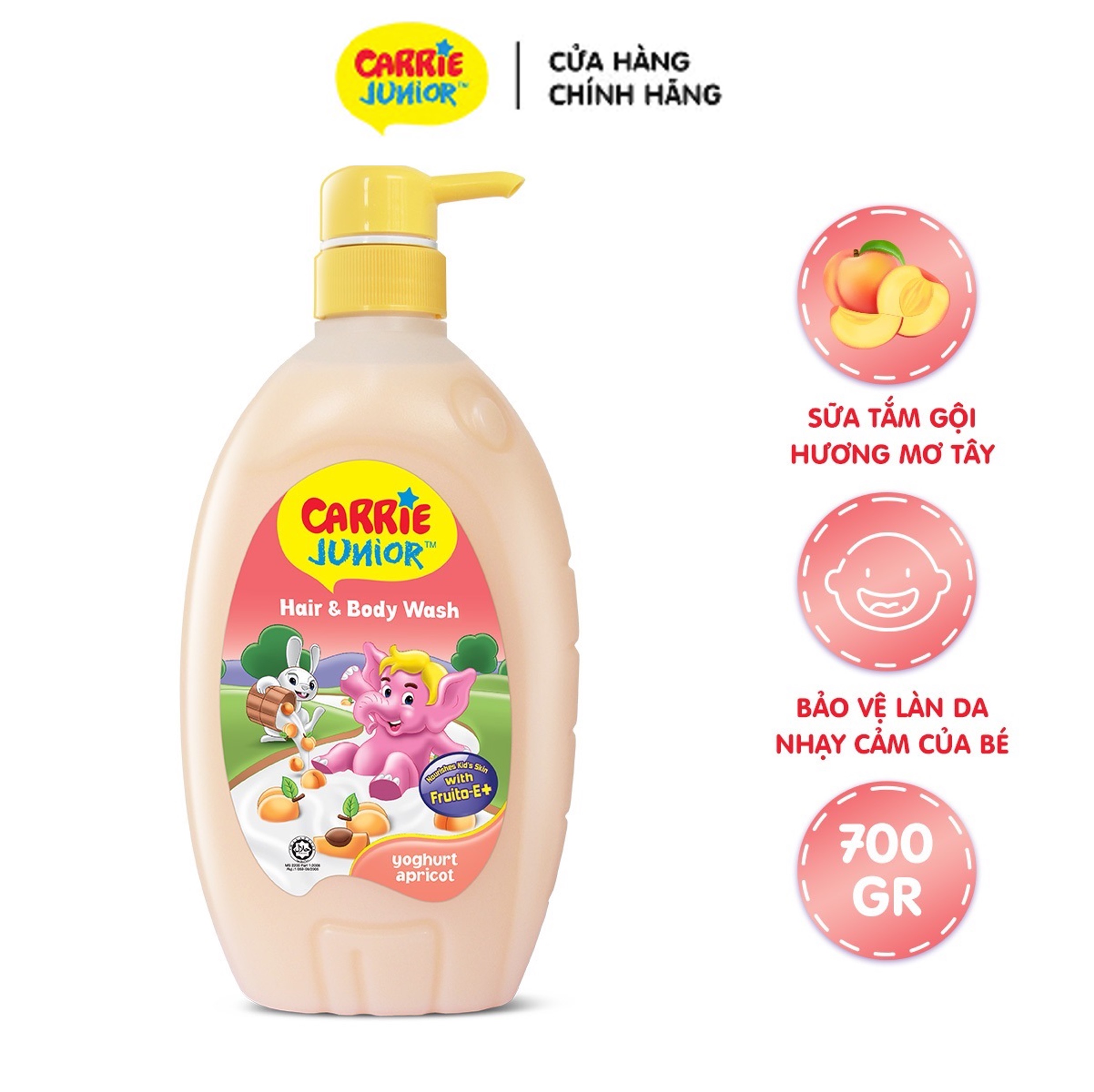 [TẶNG KÈM Voi bông | màu ngẫu nhiên] Chai Sữa Tắm Gội Cho Bé Carrie Junior Yoghurt hương Mơ Tây 700g