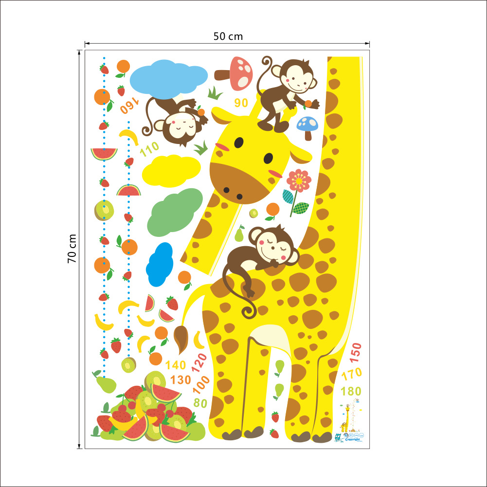 Decal hình dán tường 3D trang trí hươu cao cổ thước đo chiều cao cho bé